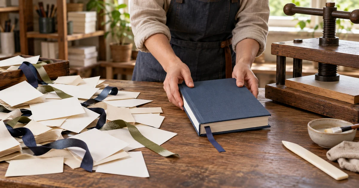 Loose blank paper slips and plain ribbons on a workbench are gathered into one bound volume with a stiff cover beside a bookbinder's press.