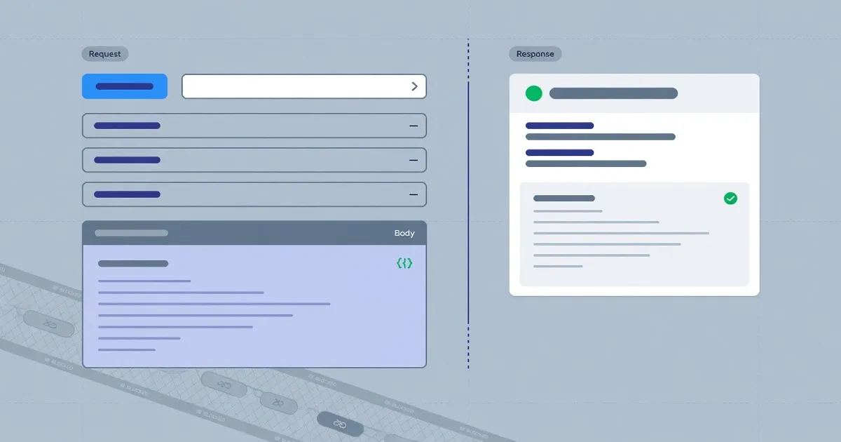 An HTTP method chip, URL capsule, and header rows on the left face a response card, with private hosts blocked at a filter.