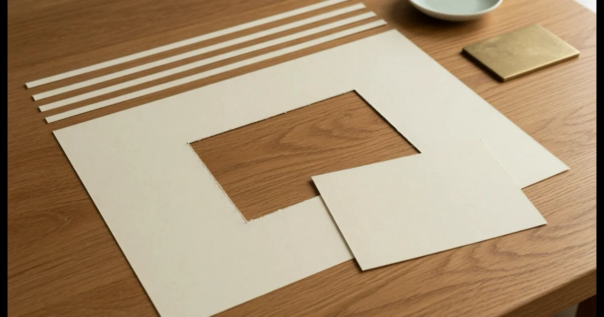 A blank cream sheet on an oak table with a rectangle cut cleanly from its middle, the cut piece resting beside it and four trimmed offcut strips laid along one edge.