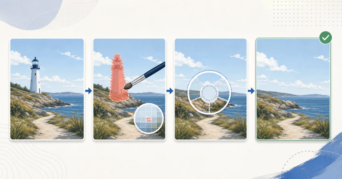 A four-step image erasing workflow masks a lighthouse, samples nearby scenery, and produces a clean coastal image.