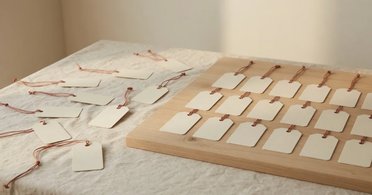Blank cream luggage tags with terracotta strings scattered on linen beside the same tags lined up in even rows on an oak board.