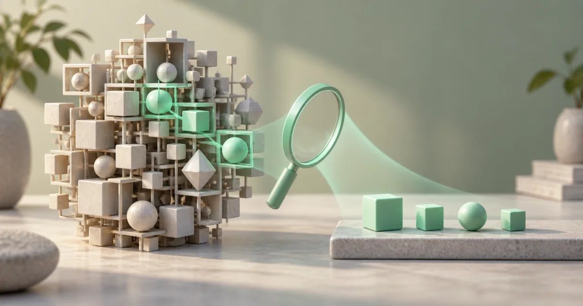 A mint-colored filter selects a precise branch from a nested data sculpture and places the selected pieces in a clean row.