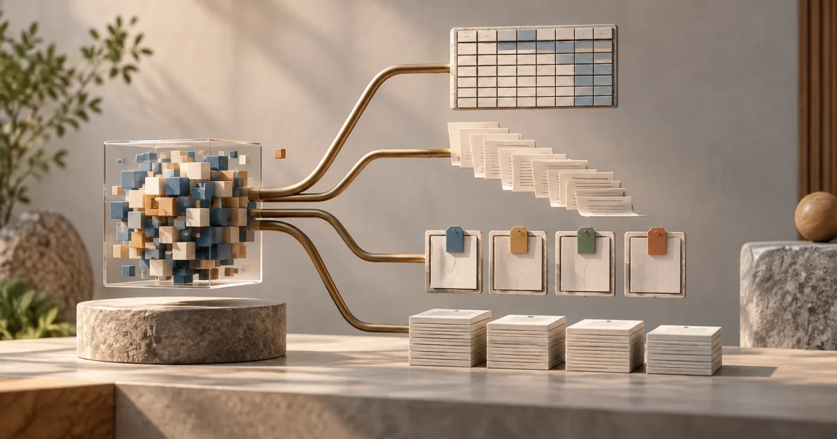 A structured data sculpture branches into a grid, indented paper steps, tagged frames, and a set of plain records.
