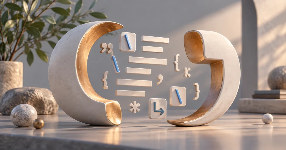 A curved quotation-mark sculpture encloses abstract text pieces, with small escape markers carefully inserted beside special characters.