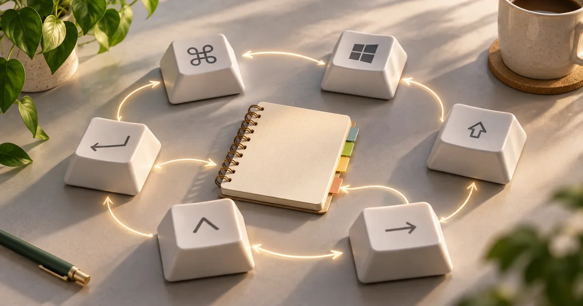 Several oversized blank keyboard keys connect through simple gesture paths around a small reference notebook.