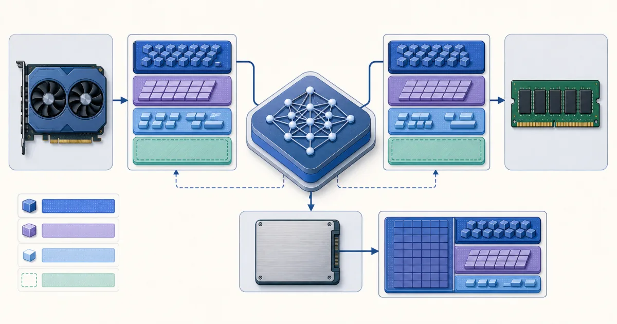 A local language model connects to GPU, system memory, storage, cache, and headroom blocks.