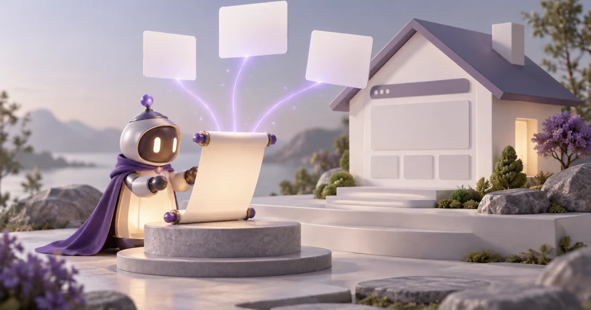 A small lantern robot reading a blank scroll on a pedestal beside a miniature house, with violet light linking the scroll to floating blank cards.