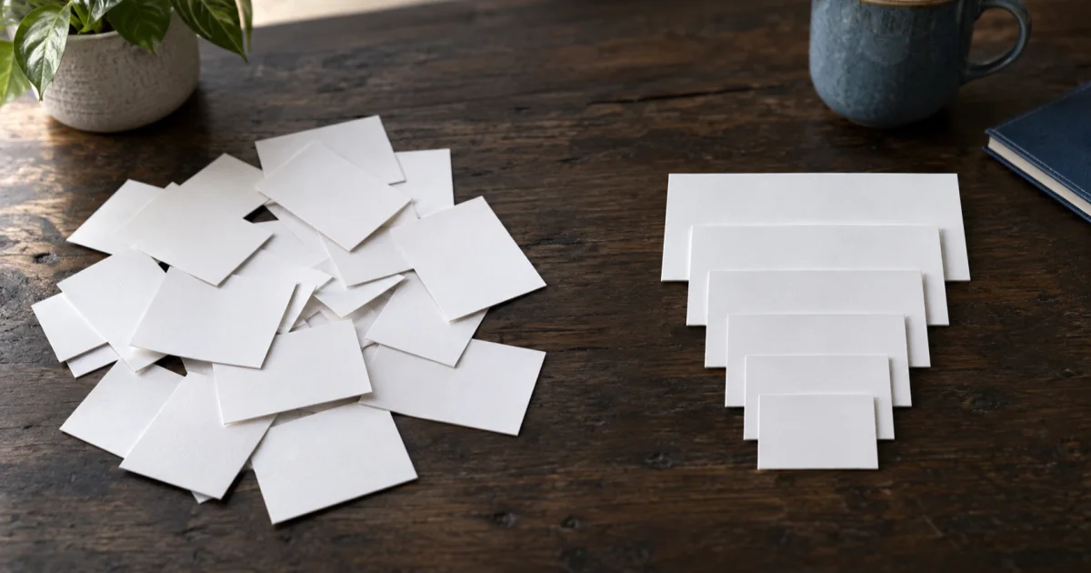 Scattered blank cards on a desk rearranged into a neatly indented, nested stack.