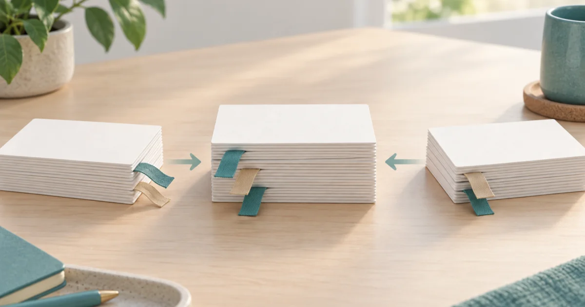 Two short stacks of blank index cards with plain ribbon bookmarks being slid together into one neat stack.