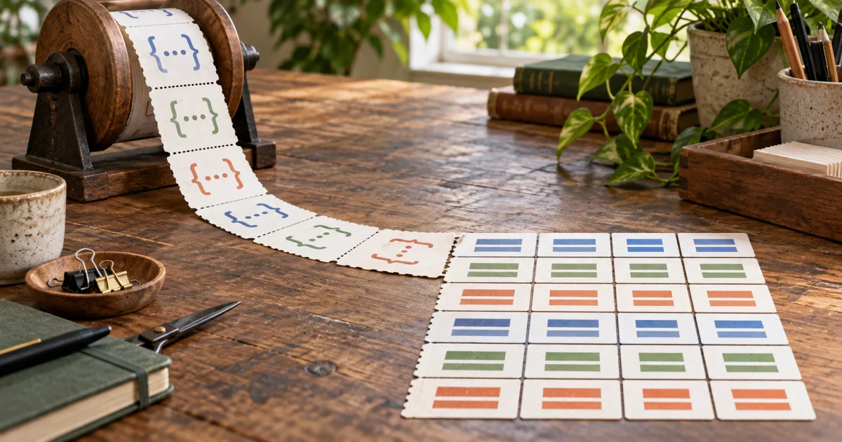 A long paper tape of stamped tokens unspools across a workbench and settles into a neat grid of aligned card tiles.