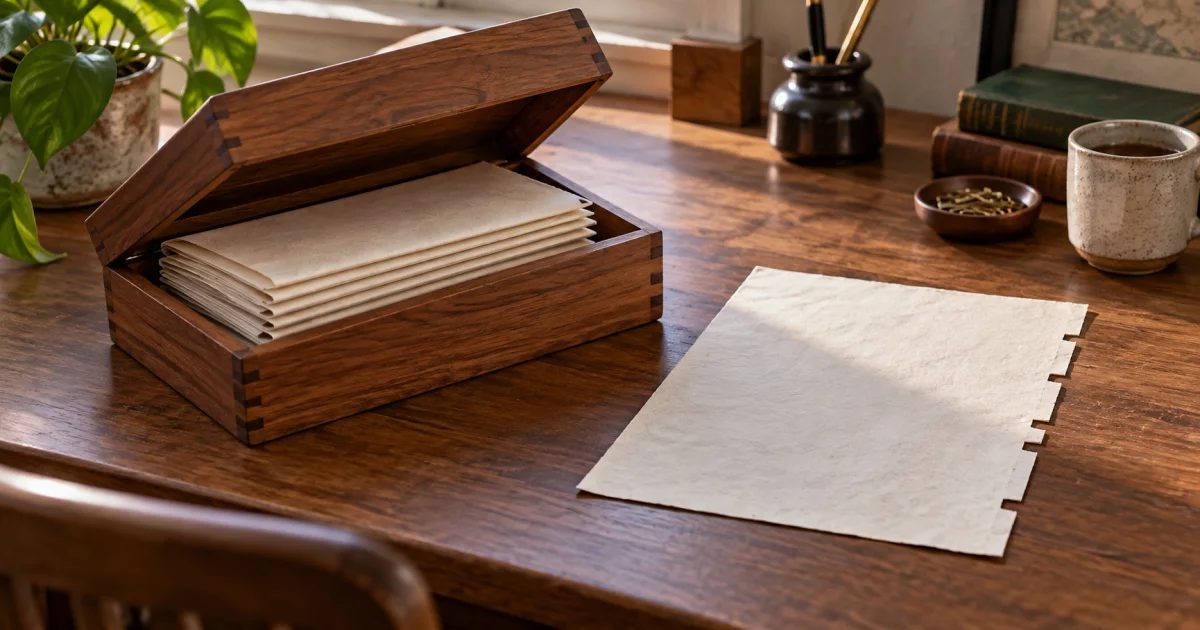 A wooden document box with its lid lifted shows stacked folded sheets beside one flat sheet with simple notches along its edge on a writing desk.