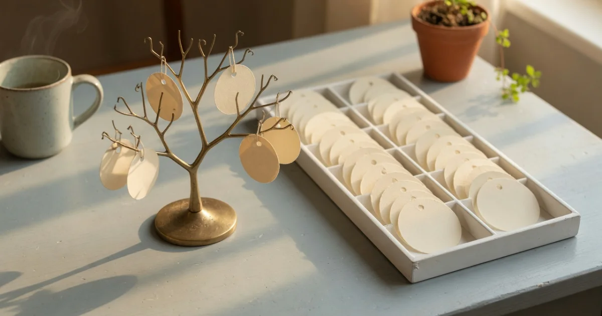 Blank paper tags hang from a small brass branching stand beside the same tags laid flat in a compartment tray.
