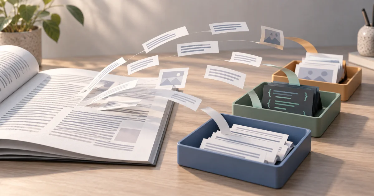 Abstract text strips and layout blocks lift from an unmarked document into separate structured output trays.