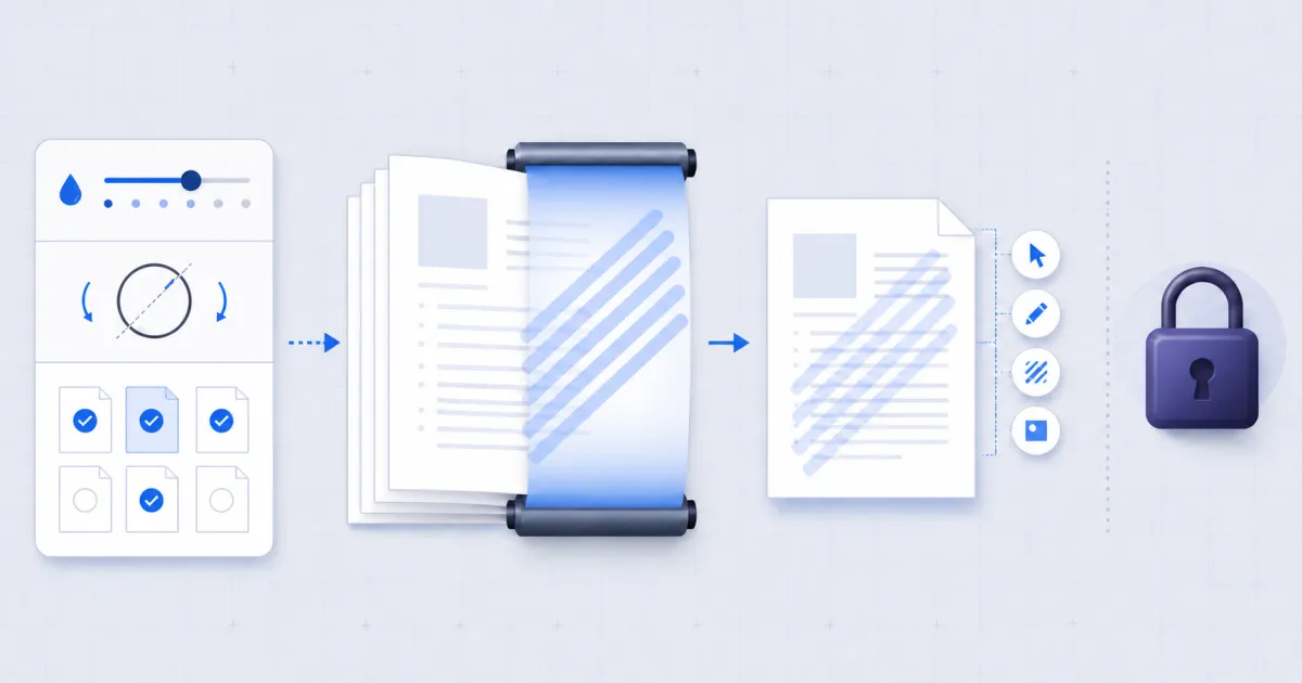 A document receives a translucent diagonal label with opacity, angle, and page controls, while a separate lock shows it remains unencrypted.