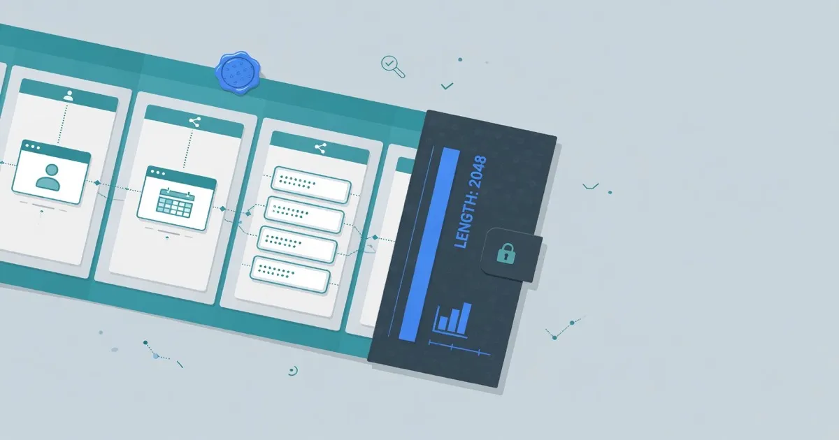 A sealed PEM document opens into identity field tiles, while a private-key block stays closed with only a length mark.