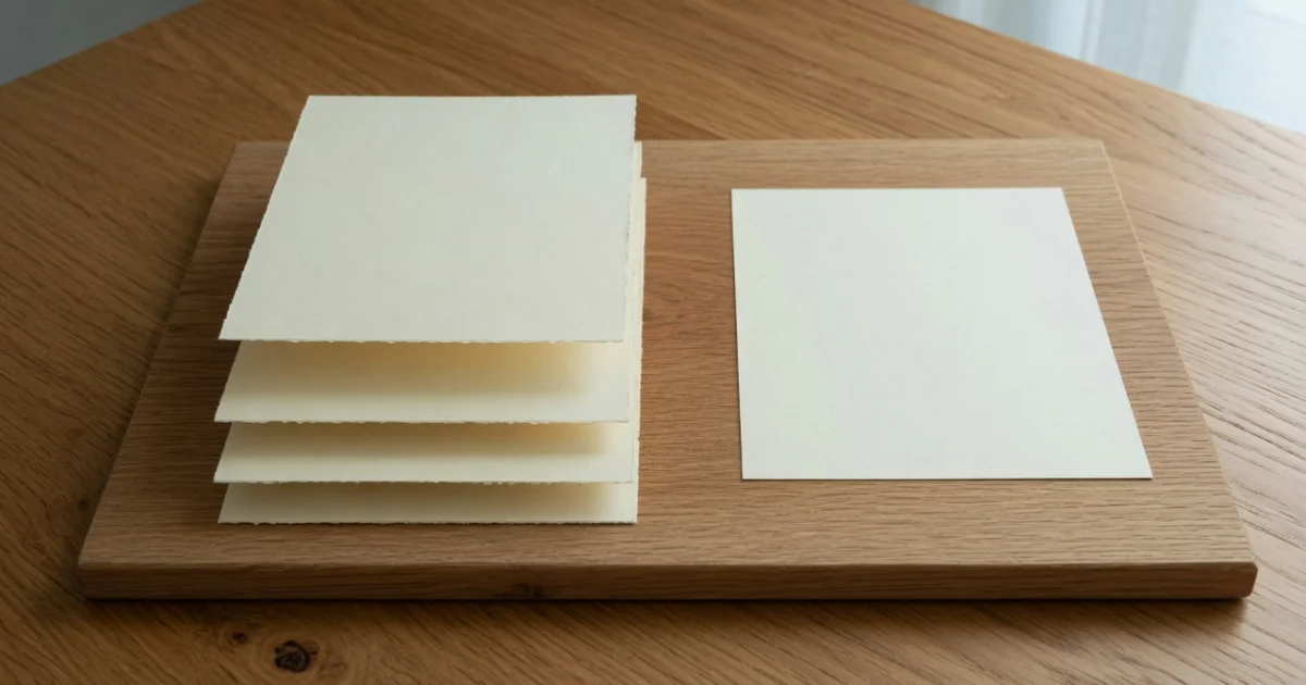 Several blank cream paper sheets held slightly apart in a stack on an oak board, beside one flat finished sheet.