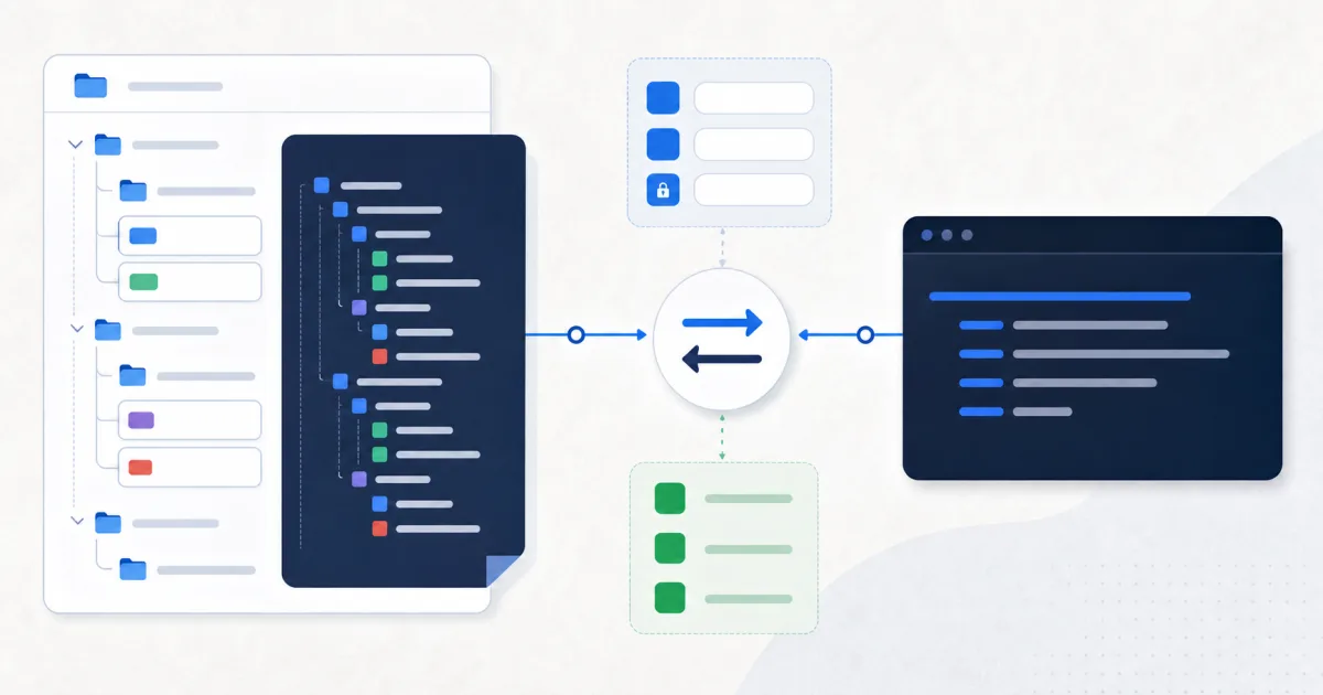 Nested API requests pass through secret checks and validation into a portable terminal command.