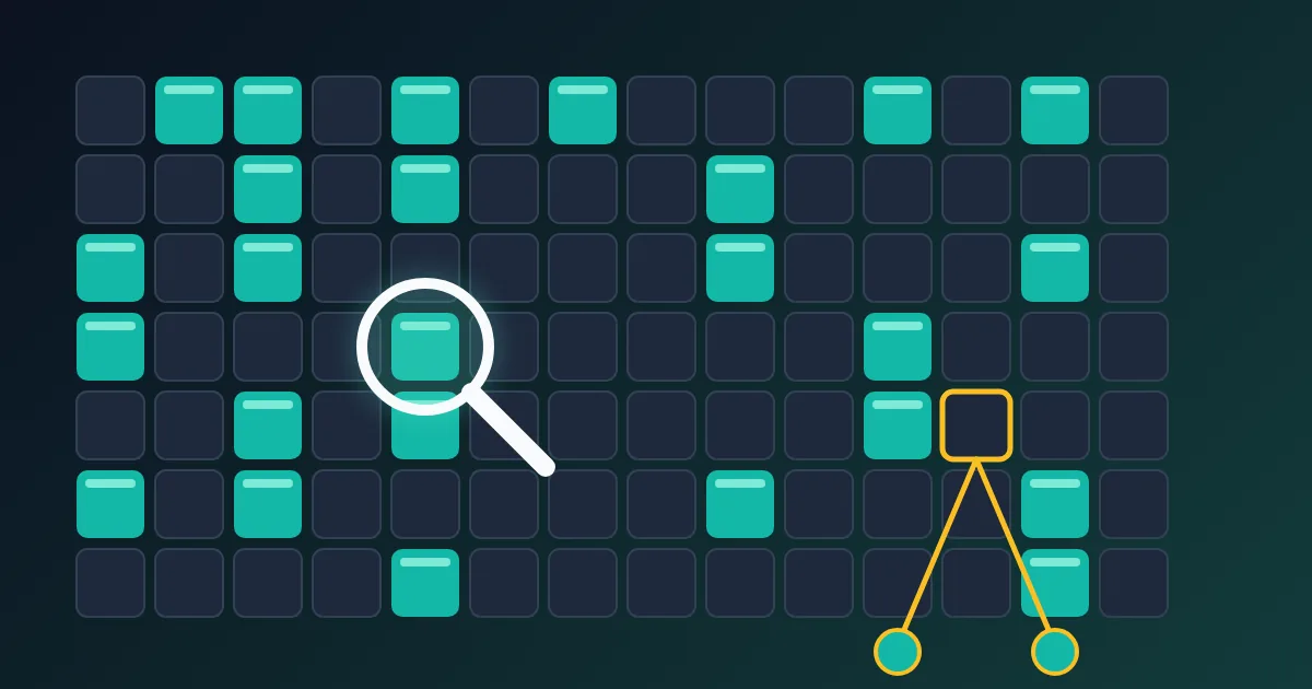 A grid of numbered tiles on a dark background where most tiles are dim and a scattered few glow teal, with a magnifying glass over one glowing tile and a factor tree branching from a dim tile into smaller glowing tiles.