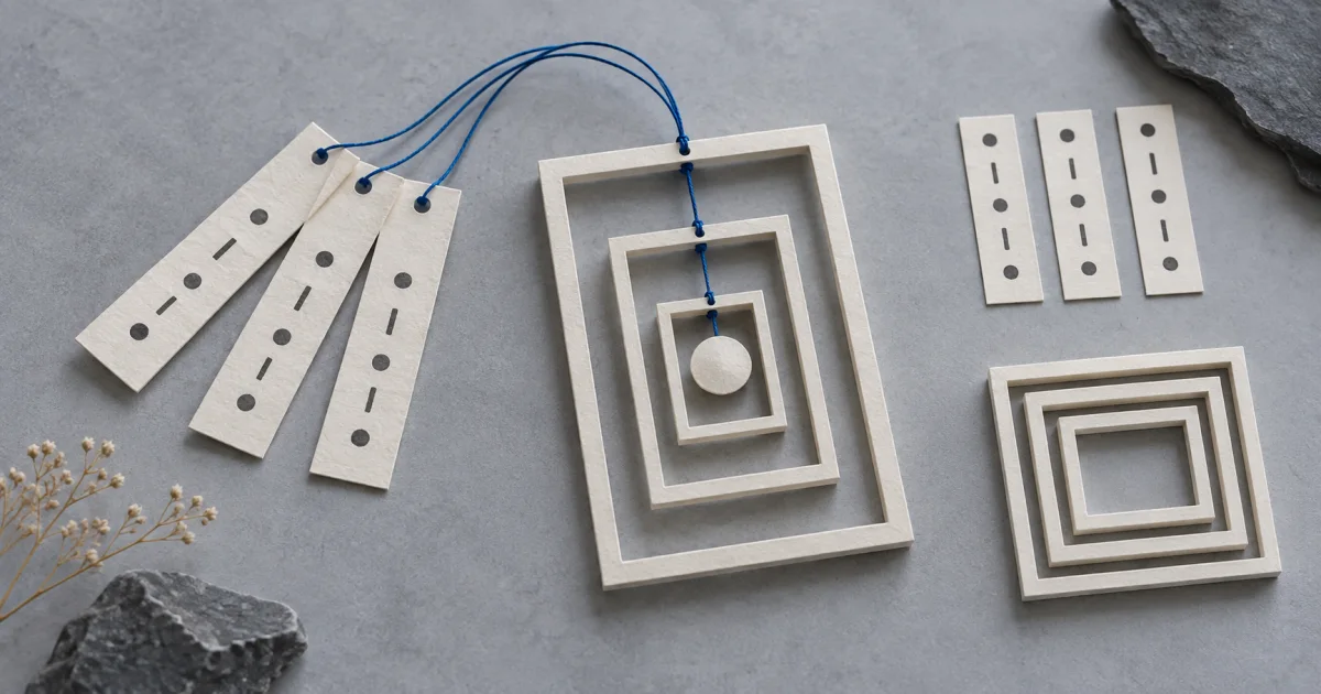 Blue threads connect dotted paper strips to nested rectangular frames, beside a separate flat arrangement of strips.