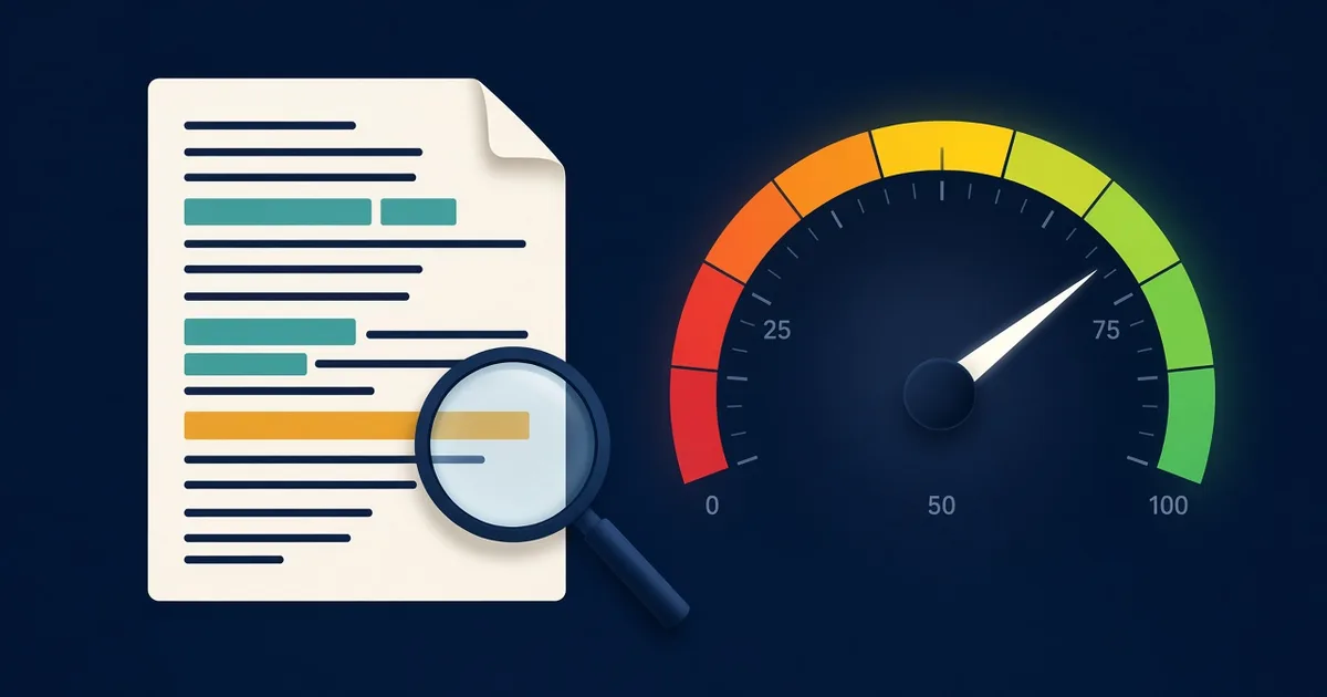A page of text lines on a dark navy background, with short lines highlighted in teal and one long line in amber under a magnifying glass, beside a semicircular gauge from red to green whose needle points near 65.