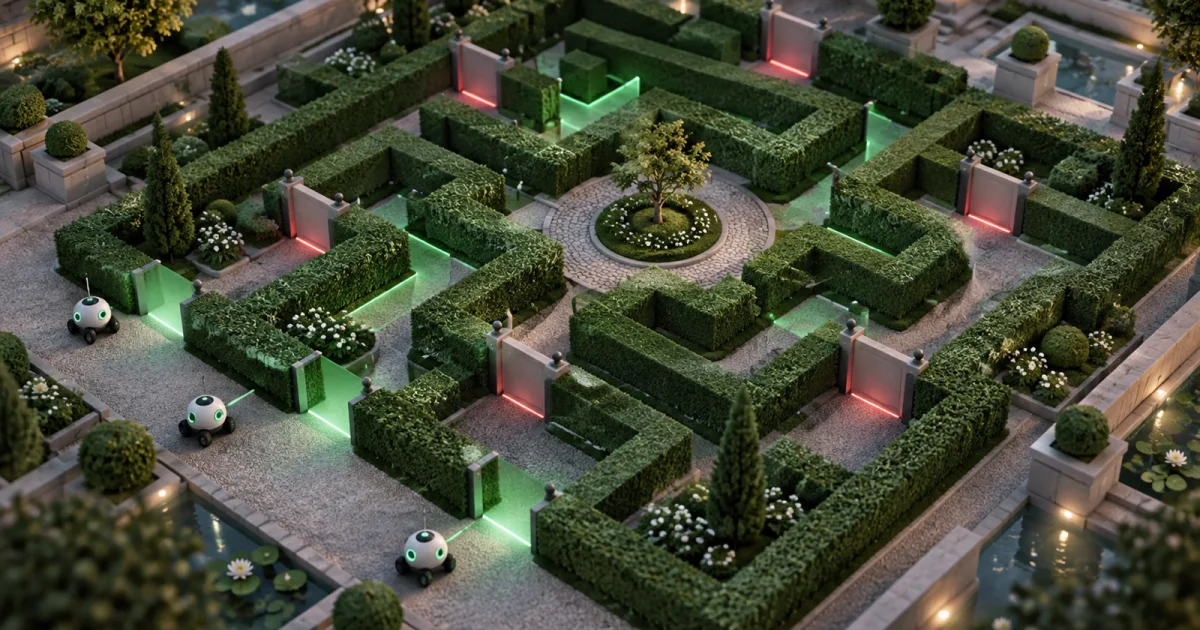 A hedge maze seen from above with small rover robots at its entrances; some paths glow green and others are closed by gates with a red glow.