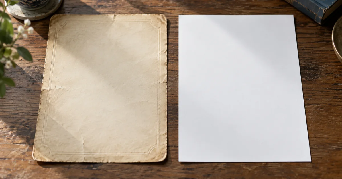 A yellowed blank sheet with a worn embossed border beside a crisp blank modern sheet.