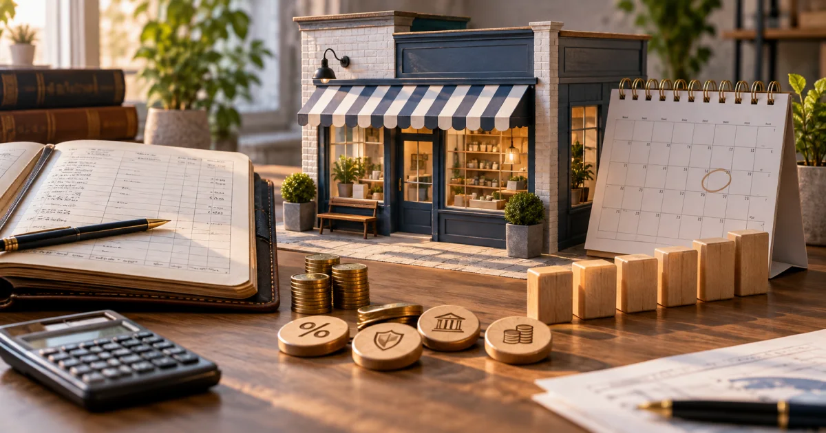 A small business storefront stands beside a loan ledger, a monthly calendar, fee tokens, and equal payment blocks.