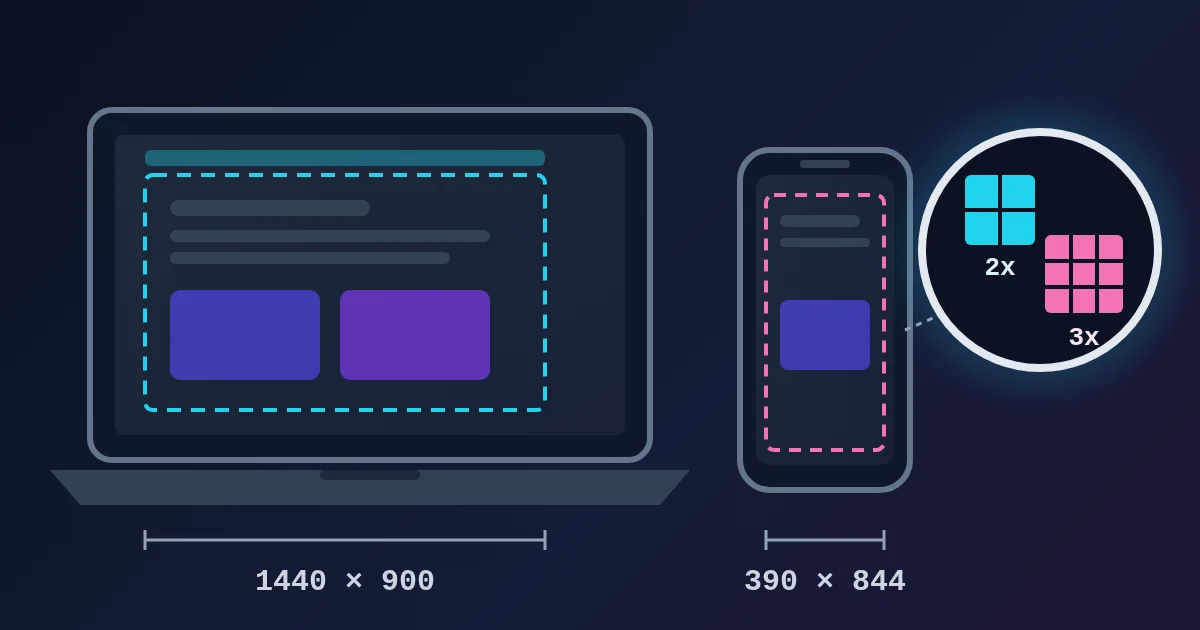 A laptop and a phone outline on a dark background, each with a dashed browser viewport and a size label (1440 × 900 and 390 × 844); a magnifier beside the phone shows one pixel split into a 2 by 2 cyan grid and a 3 by 3 pink grid.