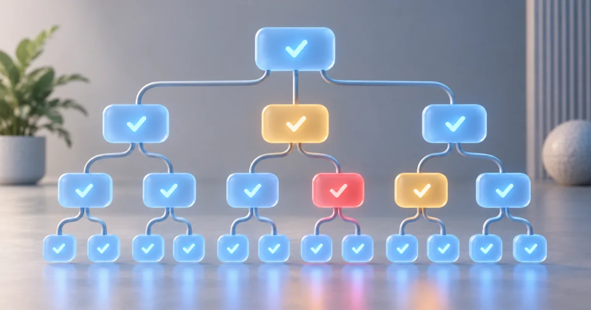 A tree of frosted glass nodes glowing blue, with two nodes amber and one red as if flagged.
