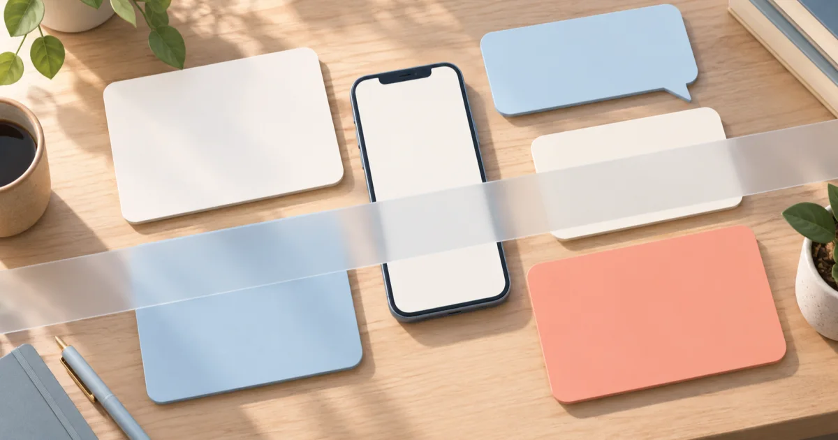 Blank rounded cards, a blank speech bubble and a phone with an empty screen on a wooden desk, crossed by one frosted diagonal band.