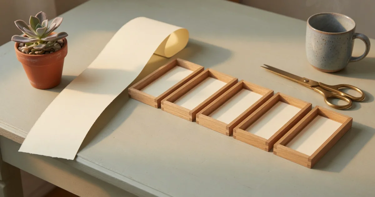 One long blank paper strip curling across a table beside five small wooden trays, each holding an equal cut piece, with closed brass scissors alongside.