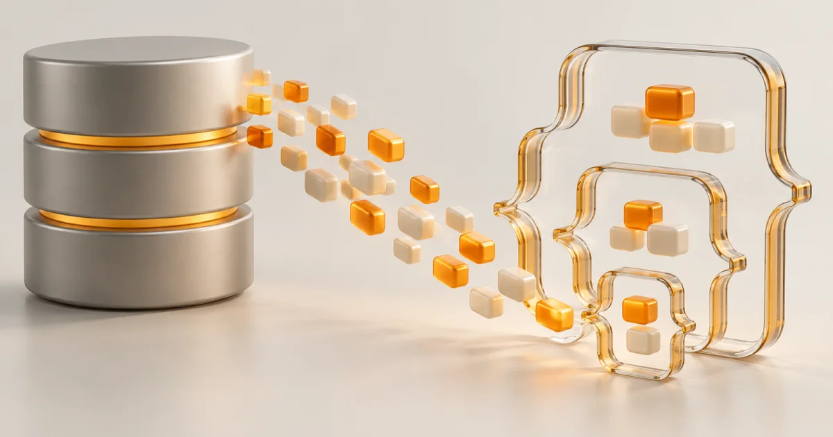 Stacked metal database cylinders sending a stream of small amber and cream blocks into nested glass curly-bracket frames.