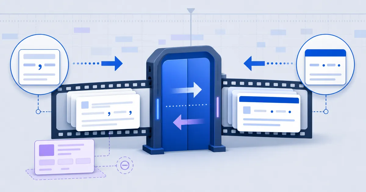 Subtitle cue cards move in both directions through a format gate between two timestamp styles.