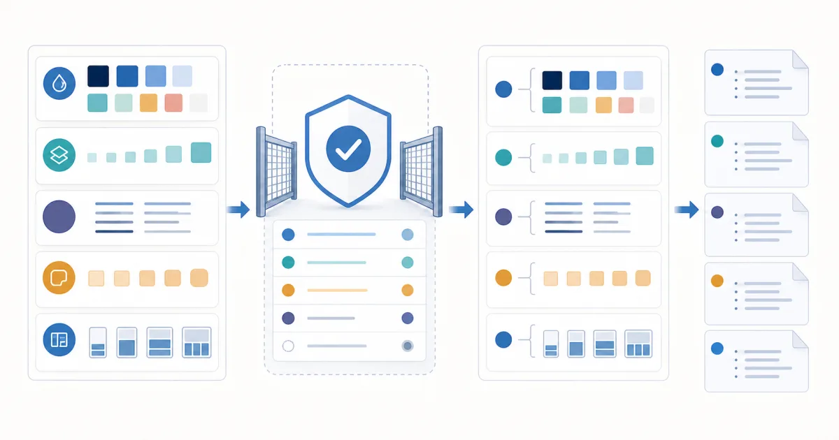 Design tokens pass through a validation gate into organized StyleX constant groups and files.