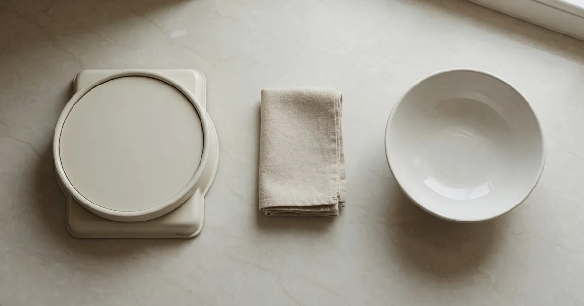 A plain mechanical kitchen scale with an unmarked dial, a folded cloth tape measure and an empty white bowl on a counter, with no readings or labels visible.