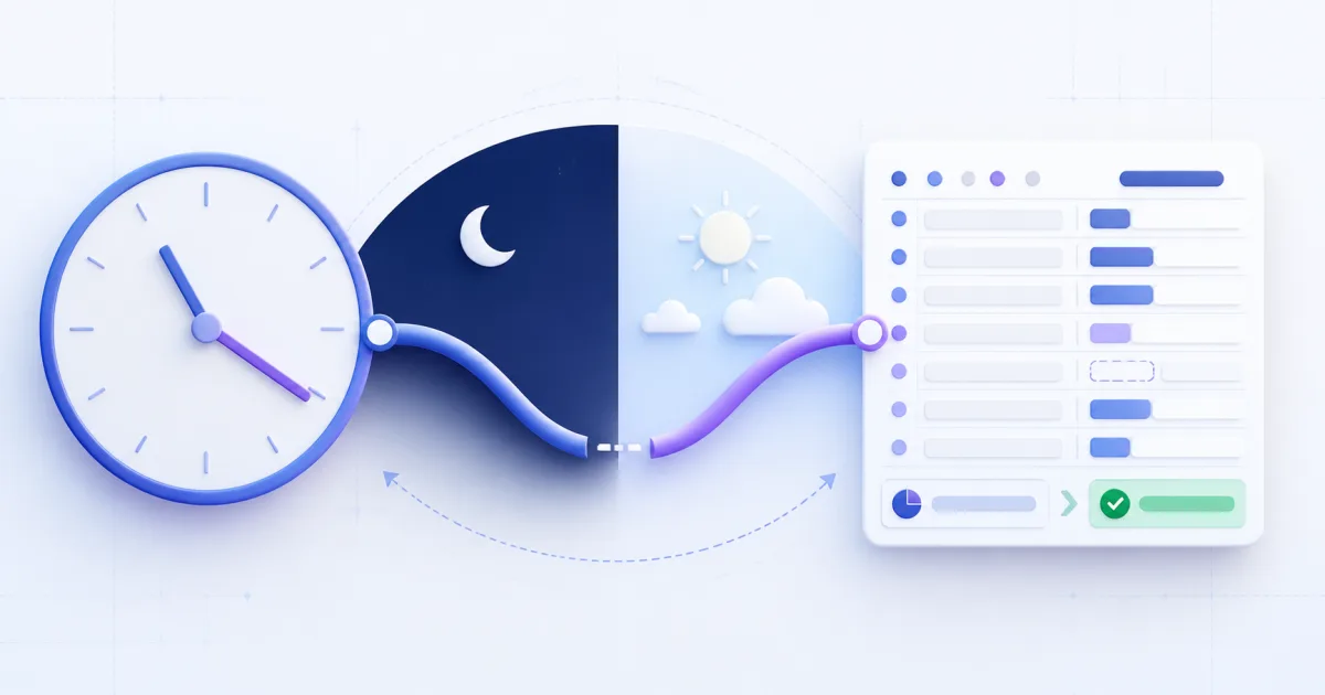 A clock path crosses from night to morning before it reaches a payroll sheet.