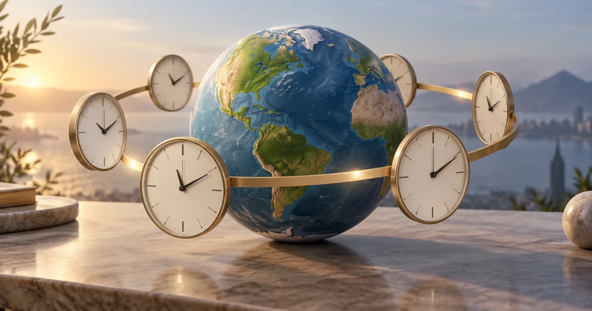 Several plain clock faces sit around a globe with a continuous band connecting the same moment across locations.