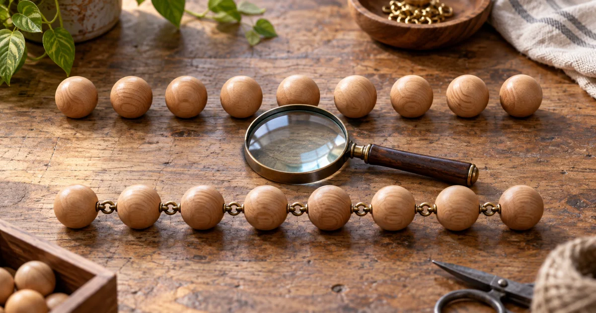 Two rows of wooden beads on a workbench, one spaced by gaps and one joined by small brass clasps, with a magnifying glass between them.