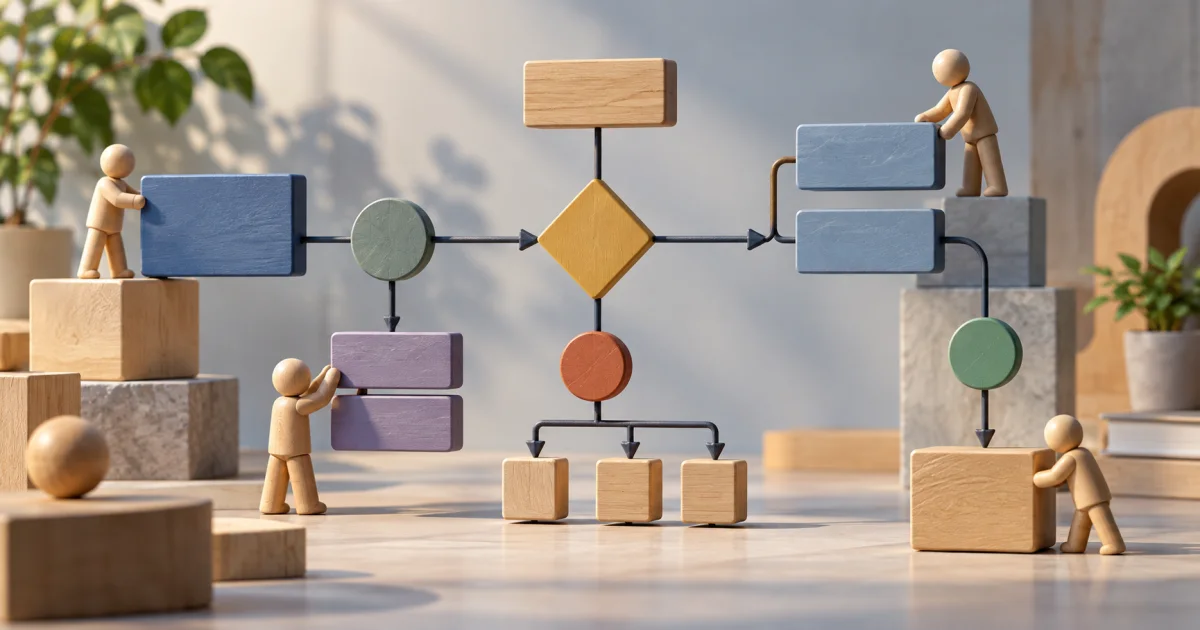 Technical object blocks, actor-like wooden figures, and branching connectors form a coherent unmarked modeling arrangement.
