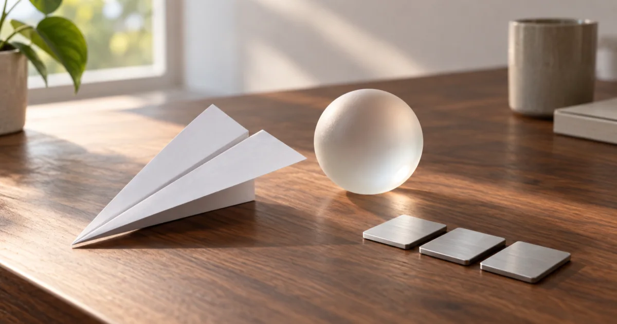 A folded white paper airplane beside a frosted glass sphere and a row of three brushed aluminium tiles on a walnut desk in morning light.