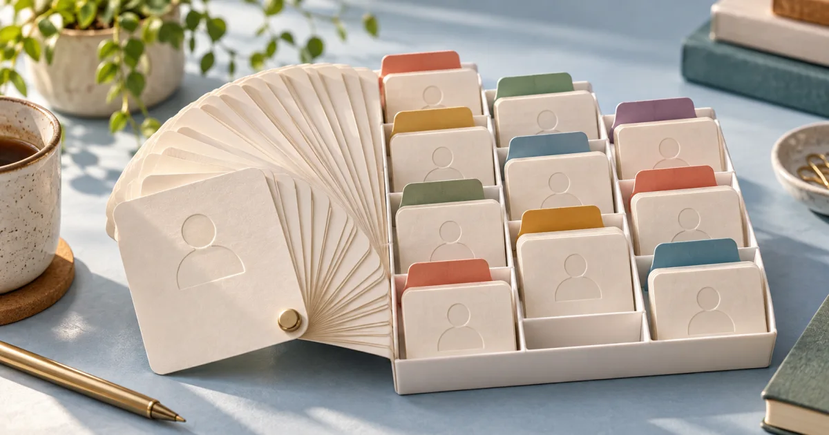 A fan of contact cards becomes organized rows with each contact kept together.