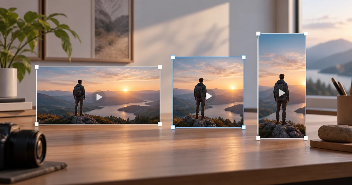 One landscape video frame appears inside wide, square, and tall measuring frames with adjustable corner guides.