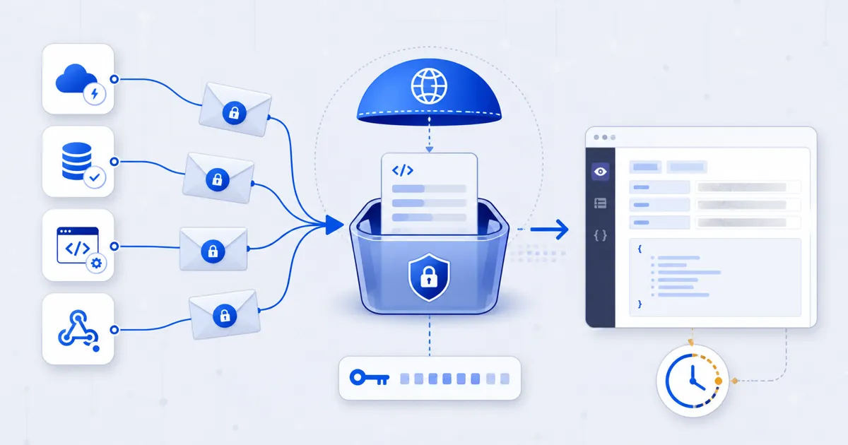 Webhook senders deliver sealed requests to a temporary request bin, where sensitive headers are masked before inspection.