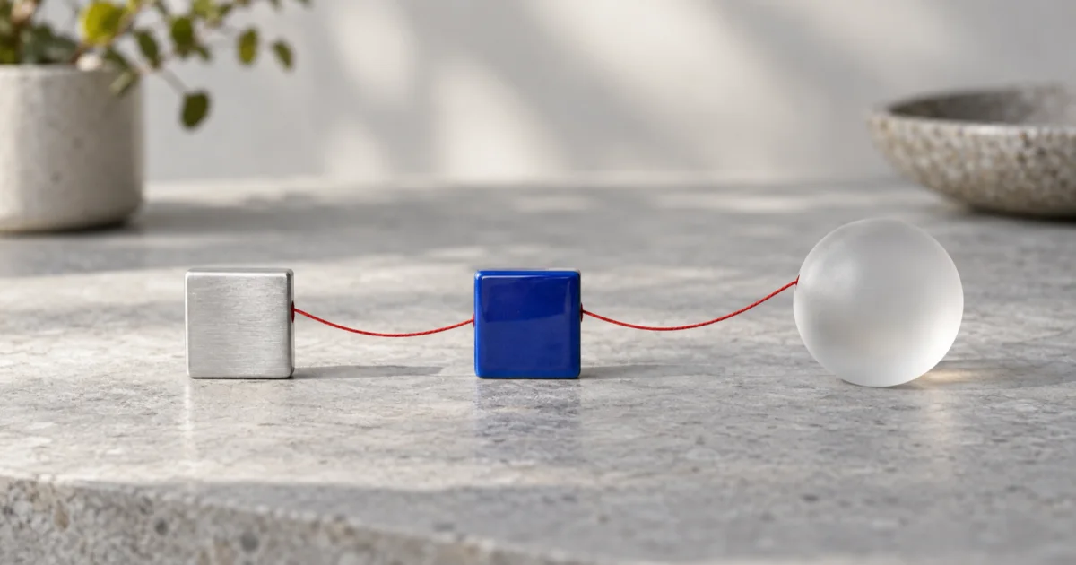 A brushed aluminium cube and a glossy cobalt-blue cube on grey stone, joined by a thin red thread that runs on to a plain frosted glass sphere.
