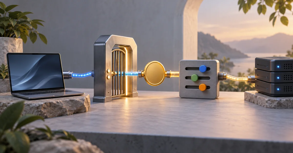 A request gate, a plain payment token, and adjustable configuration pieces connect a client object to a separate data station.