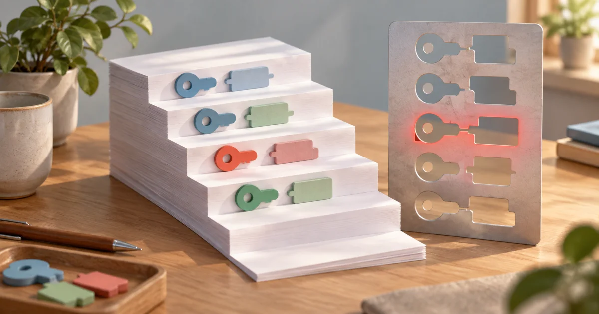 Indented paper steps carry matching key and value pieces beside a stencil that identifies one misaligned level.