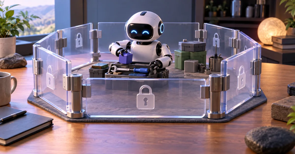 Adjustable permission pieces form a clear workspace enclosure around a mechanical helper and its selected tools.